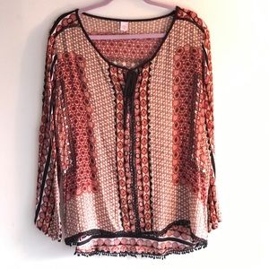 JW Tie Front Brick Red/Ivory Long Sleeve Boho Top